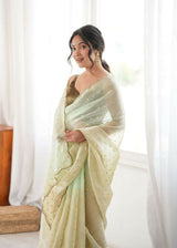 Dista Mahendi Fendy Satin Woven Designer,Beads Work Saree with Blouse-Rutvi, view 3