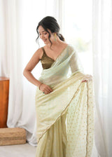 Dista Mahendi Fendy Satin Woven Designer,Beads Work Saree with Blouse-Rutvi, view 4