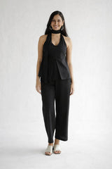 Dista Myshka Women Black Linen Smart Casual Halter Neck Co-ord Set, view 3