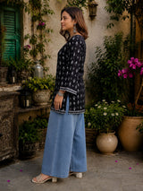 Dista Myshka Women Black & White Floral Printed Full Sleeves Cotton Kurti with Lace Detail, view 2