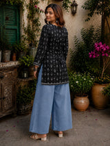 Dista Myshka Women Black & White Floral Printed Full Sleeves Cotton Kurti with Lace Detail, view 3