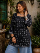Dista Myshka Women Black & White Floral Printed Full Sleeves Cotton Kurti with Lace Detail, view 5