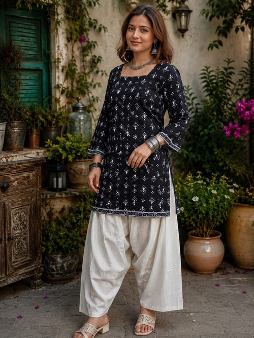Dista Myshka Women Black & White Printed Cotton Kurta with Relaxed Salwar