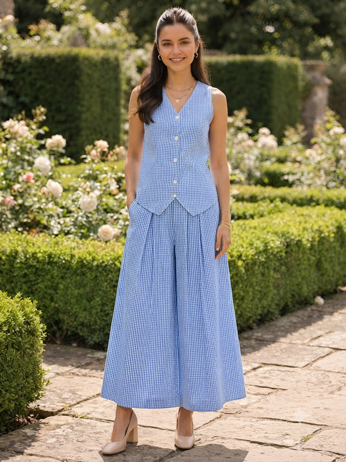Dista Myshka Women Blue Ckeckes Smart Casual Waistcoat with Pleated Palazzos Co-ord Set