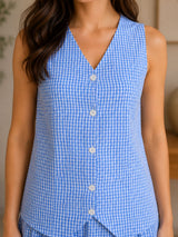 Dista Myshka Women Blue Ckeckes Smart Casual Waistcoat with Pleated Palazzos Co-ord Set, view 4