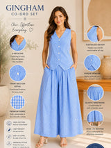 Dista Myshka Women Blue Ckeckes Smart Casual Waistcoat with Pleated Palazzos Co-ord Set, view 6