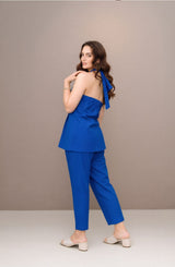 Dista Myshka Women Blue Linen Smart Casual Halter Neck Co-ord Set, view 3