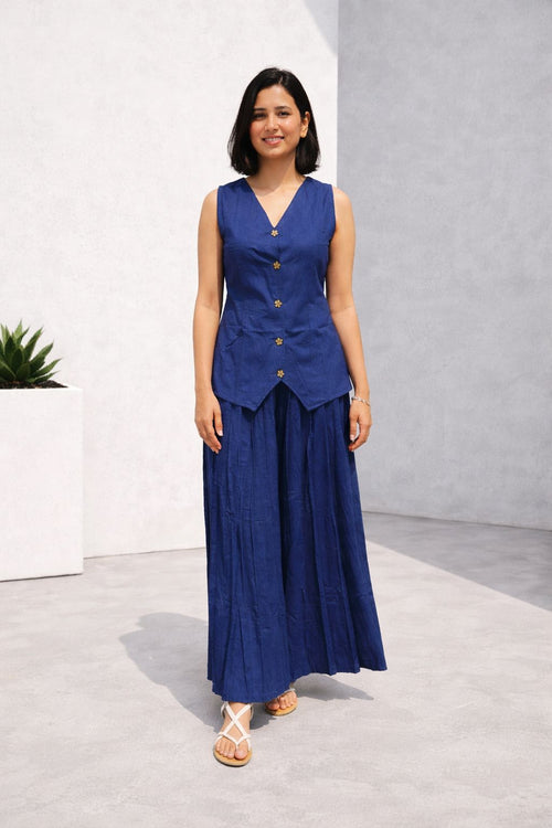 Dista Myshka Women Blue Linen Smart Casual Waistcoat with Pleated Trouser Co-ord Set