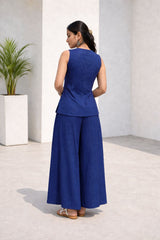 Dista Myshka Women Blue Linen Smart Casual Waistcoat with Pleated Trouser Co-ord Set, view 3
