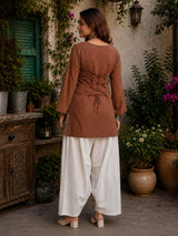 Dista Myshka Women Brown & White Embroidred Cotton Kurta with Relaxed Salwar, view 3