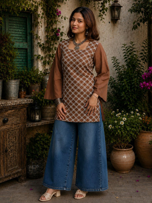 Dista Myshka Women Brown & White Floral Embroidered Full Sleeves Cotton Kurti