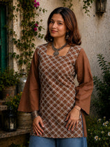 Dista Myshka Women Brown & White Floral Embroidered Full Sleeves Cotton Kurti, view 4