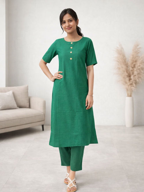 Dista Myshka Women Green Linen Kurta with Half Sleeves & Trouser