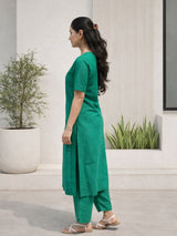 Dista Myshka Women Green Linen Kurta with Half Sleeves & Trouser, view 2
