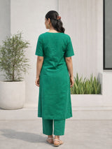 Dista Myshka Women Green Linen Kurta with Half Sleeves & Trouser, view 3