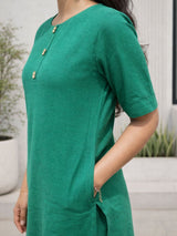 Dista Myshka Women Green Linen Kurta with Half Sleeves & Trouser, view 4