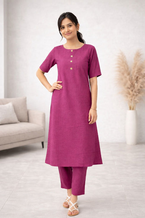 Dista Myshka Women Mauve Linen Kurta with Half Sleeves & Trouser