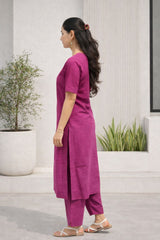 Dista Myshka Women Mauve Linen Kurta with Half Sleeves & Trouser, view 2