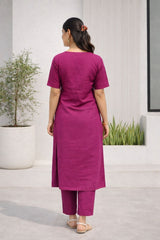 Dista Myshka Women Mauve Linen Kurta with Half Sleeves & Trouser, view 4
