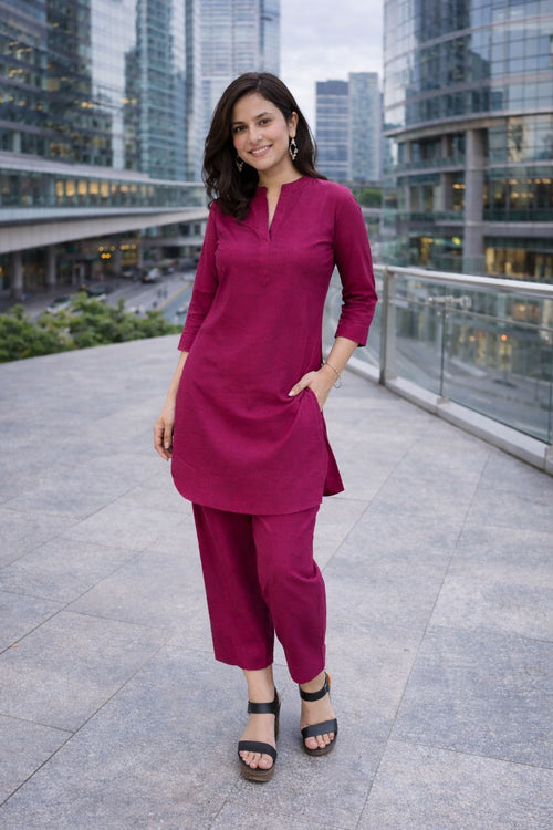 Dista Myshka Women Mauve Linen Smart Casual Tunic with Trouser Co-ord Set