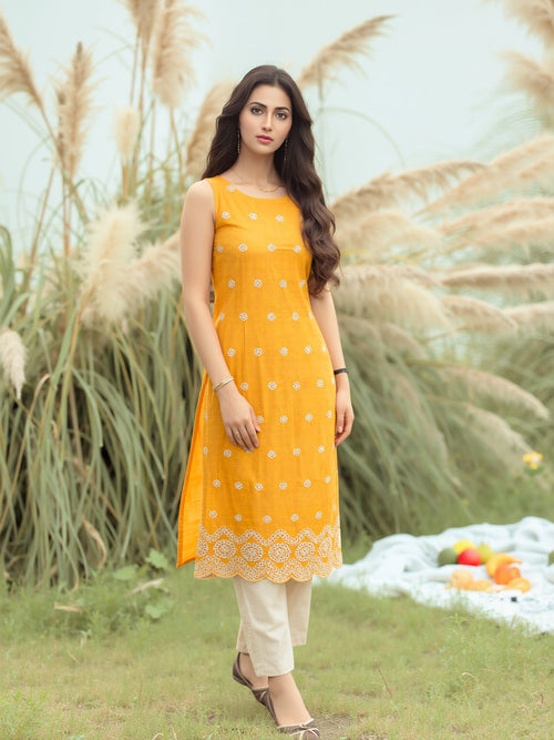 Dista Myshka Women Mustard Embroidered Sleeveless Kurta with Trouser Co-ord Set