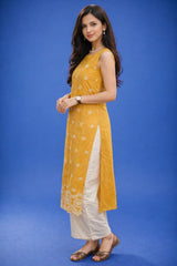 Dista Myshka Women Mustard Embroidered Sleeveless Kurta with Trouser Co-ord Set, view 2