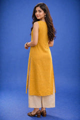 Dista Myshka Women Mustard Embroidered Sleeveless Kurta with Trouser Co-ord Set, view 3