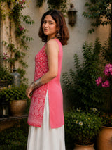Dista Myshka Women Pink & White Embroidered Sleeveless Kurta with Relaxed Salwar, view 2