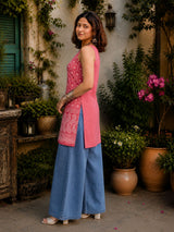 Dista Myshka Women Pink & White Embroidered Sleeveless Kurti with Paisley Border, view 2