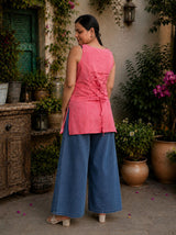 Dista Myshka Women Pink & White Embroidered Sleeveless Kurti with Paisley Border, view 3