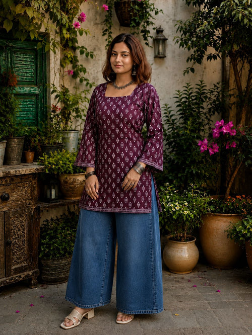 Dista Myshka Women Purple Floral Printed Full Sleeves Cotton Kurti with Lace Detail