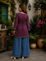 Dista Myshka Women Purple Floral Printed Full Sleeves Cotton Kurti with Lace Detail, view 2