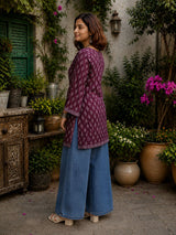 Dista Myshka Women Purple Floral Printed Full Sleeves Cotton Kurti with Lace Detail, view 3