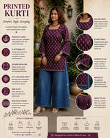 Dista Myshka Women Purple Floral Printed Full Sleeves Cotton Kurti with Lace Detail, view 4