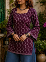 Dista Myshka Women Purple Floral Printed Full Sleeves Cotton Kurti with Lace Detail, view 5