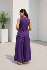 Dista Myshka Women Purple Linen Smart Casual Waistcoat with Pleated Trouser Co-ord Set, view 3
