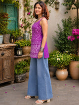Dista Myshka Women Purple & White Embroidered Sleeveless Kurti with Paisley Border, view 2