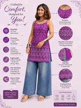 Dista Myshka Women Purple & White Embroidered Sleeveless Kurti with Paisley Border, view 4