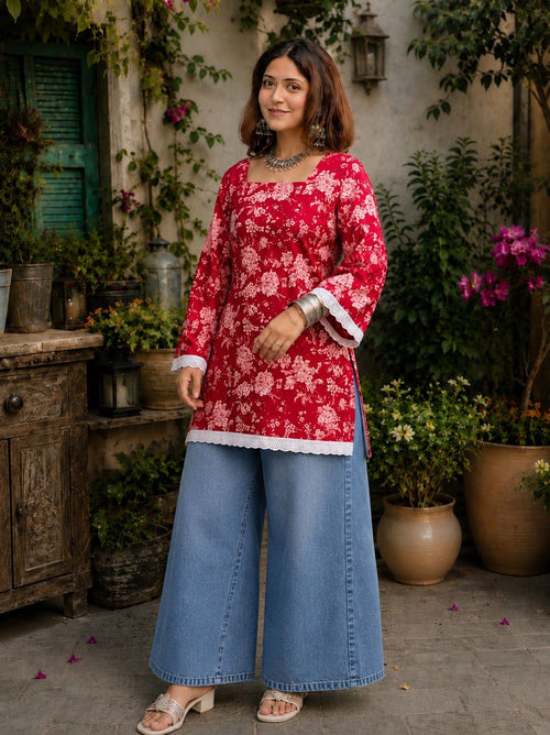 Dista Myshka Women Red & White Floral Printed Full Sleeves Cotton Kurti with Lace Detail