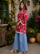 Dista Myshka Women Red & White Floral Printed Full Sleeves Cotton Kurti with Lace Detail, view 2