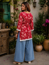 Dista Myshka Women Red & White Floral Printed Full Sleeves Cotton Kurti with Lace Detail, view 3