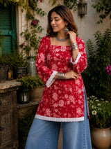 Dista Myshka Women Red & White Floral Printed Full Sleeves Cotton Kurti with Lace Detail, view 4