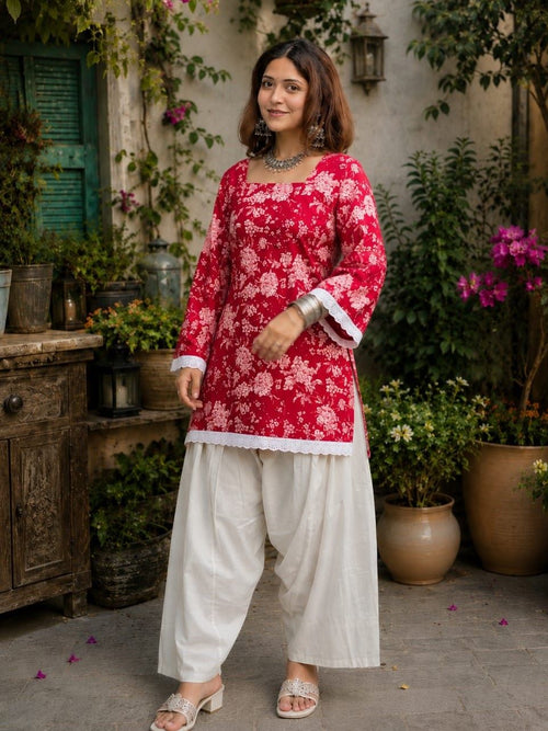 Dista Myshka Women Red & White Printed Cotton Kurta with Relaxed Salwar