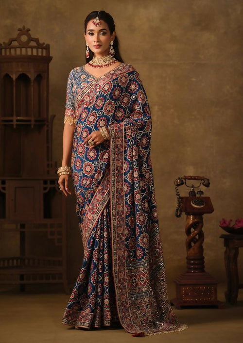 Dista Navy Blue Natural Crepe Traditional Wear Saree with Blouse- Nimaya-Rajwadi