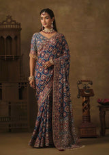 Dista Navy Blue Natural Crepe Traditional Wear Saree with Blouse- Nimaya-Rajwadi, view 2