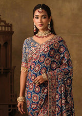 Dista Navy Blue Natural Crepe Traditional Wear Saree with Blouse- Nimaya-Rajwadi, view 6