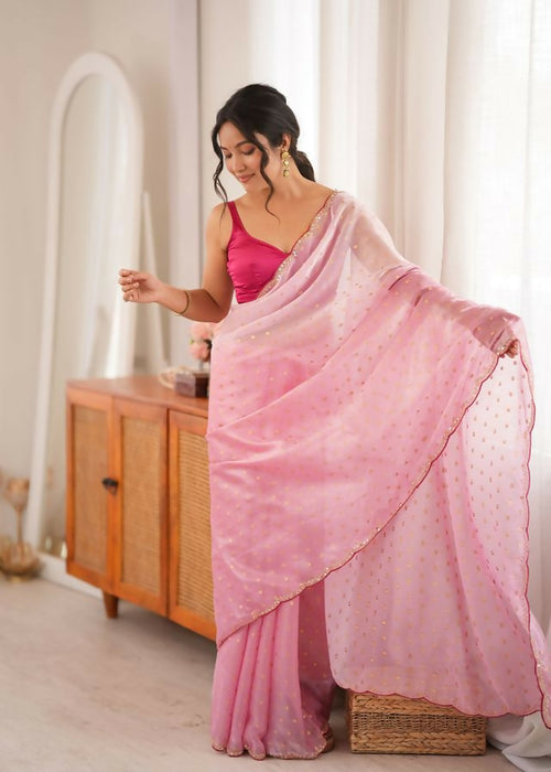 Dista Pink Fendy Satin Woven Designer,Beads Work Saree with Blouse-Rutvi