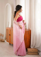 Dista Pink Fendy Satin Woven Designer,Beads Work Saree with Blouse-Rutvi, view 2