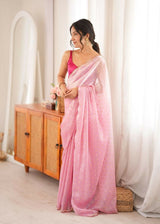 Dista Pink Fendy Satin Woven Designer,Beads Work Saree with Blouse-Rutvi, view 3