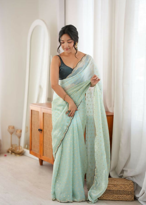 Dista Sea Green Fendy Satin Woven Designer,Beads Work Saree with Blouse-Rutvi